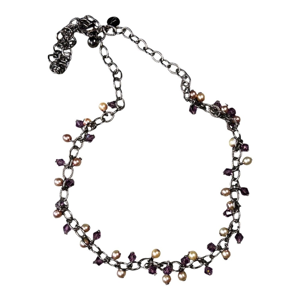 VJ Purple Crystal Faux Pearl Necklace Gunmetal Chain Signed Y2K 2000s
